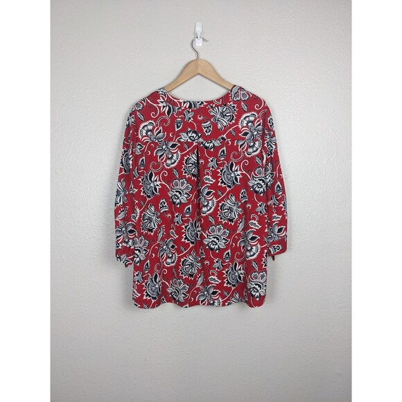 Zac & Rachel Blouse Womens 2X Red Floral Three Quarter Sleeve Top - Picture 2 of 7